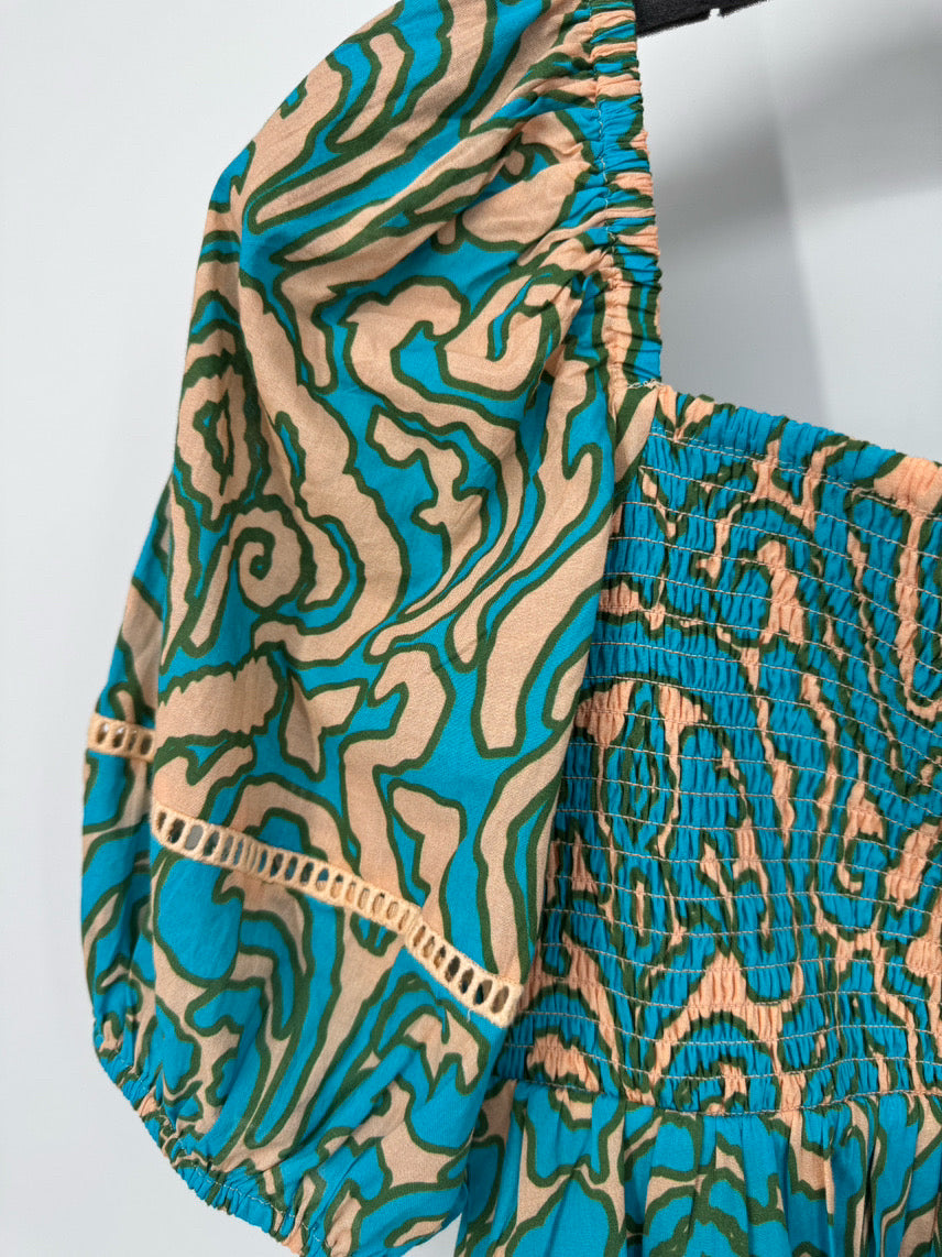 ANNA CATE Size M Turquoise Print Rouching Violet Blouse NWT