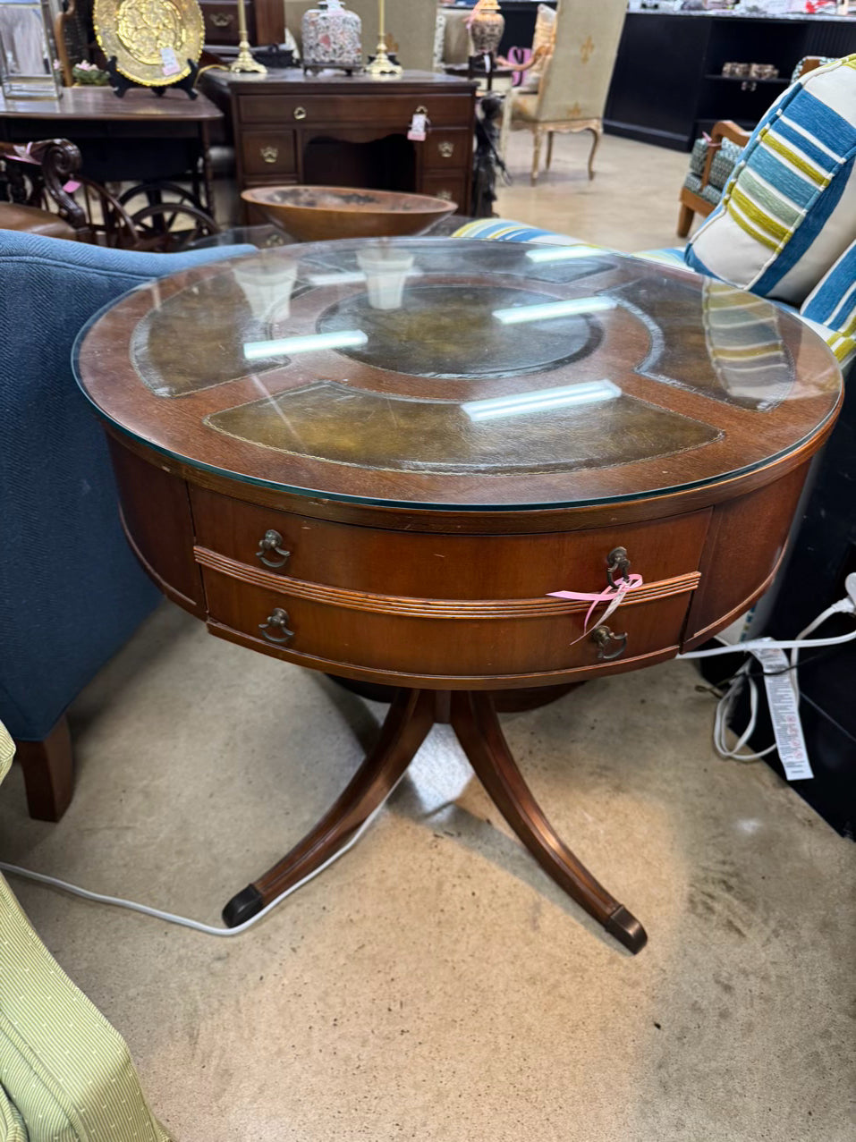 VINTAGE Wood & Leather Round Glass-top Occasional Table