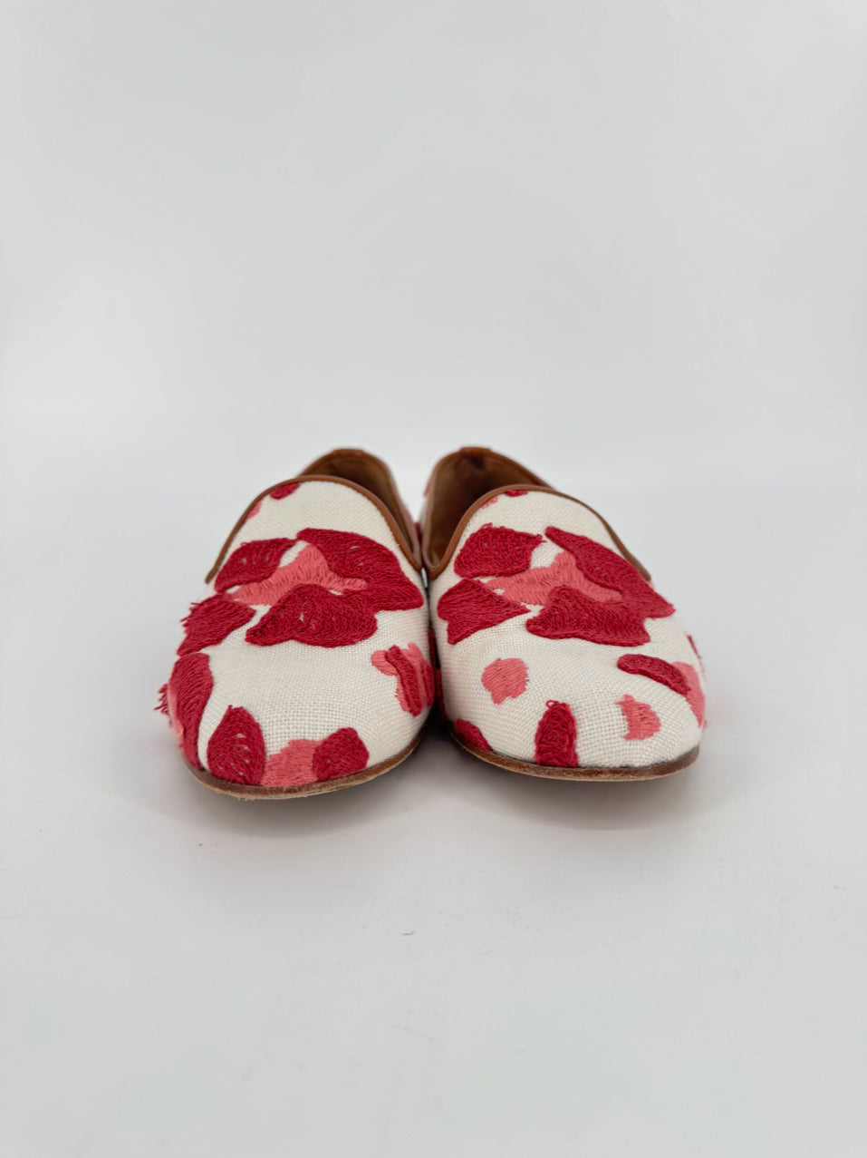 RAMON TENZA Size 7.5 White & Red Embroidered Flats