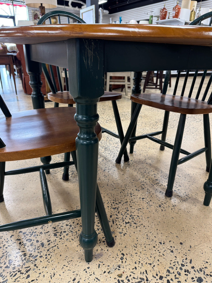 Brown & Green Wood Table & 4 Chairs w/ Leaf