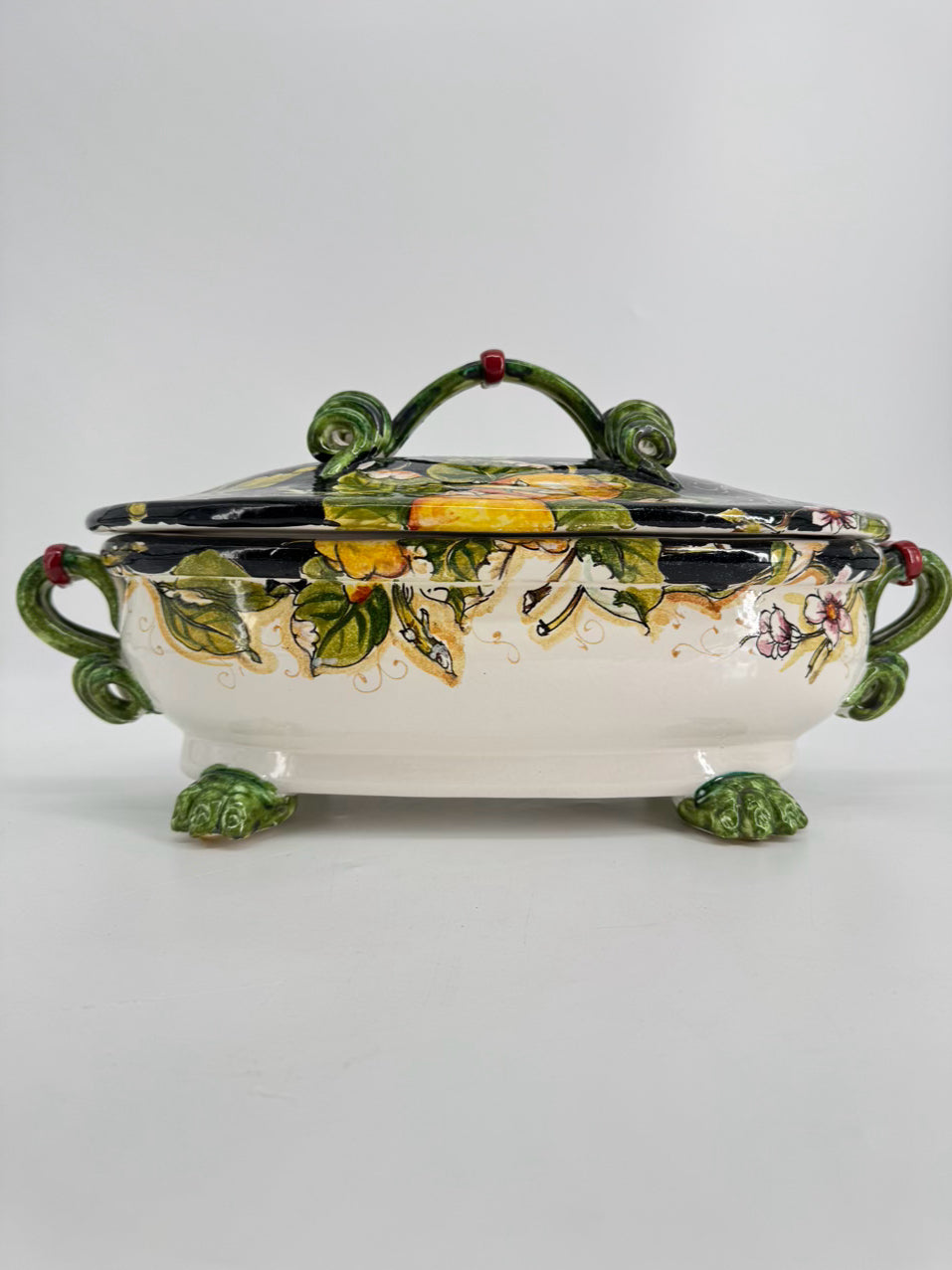 PORTUGAL Black, Green & Yellow Fruit Ceramic Footed Tureen w/ Lid