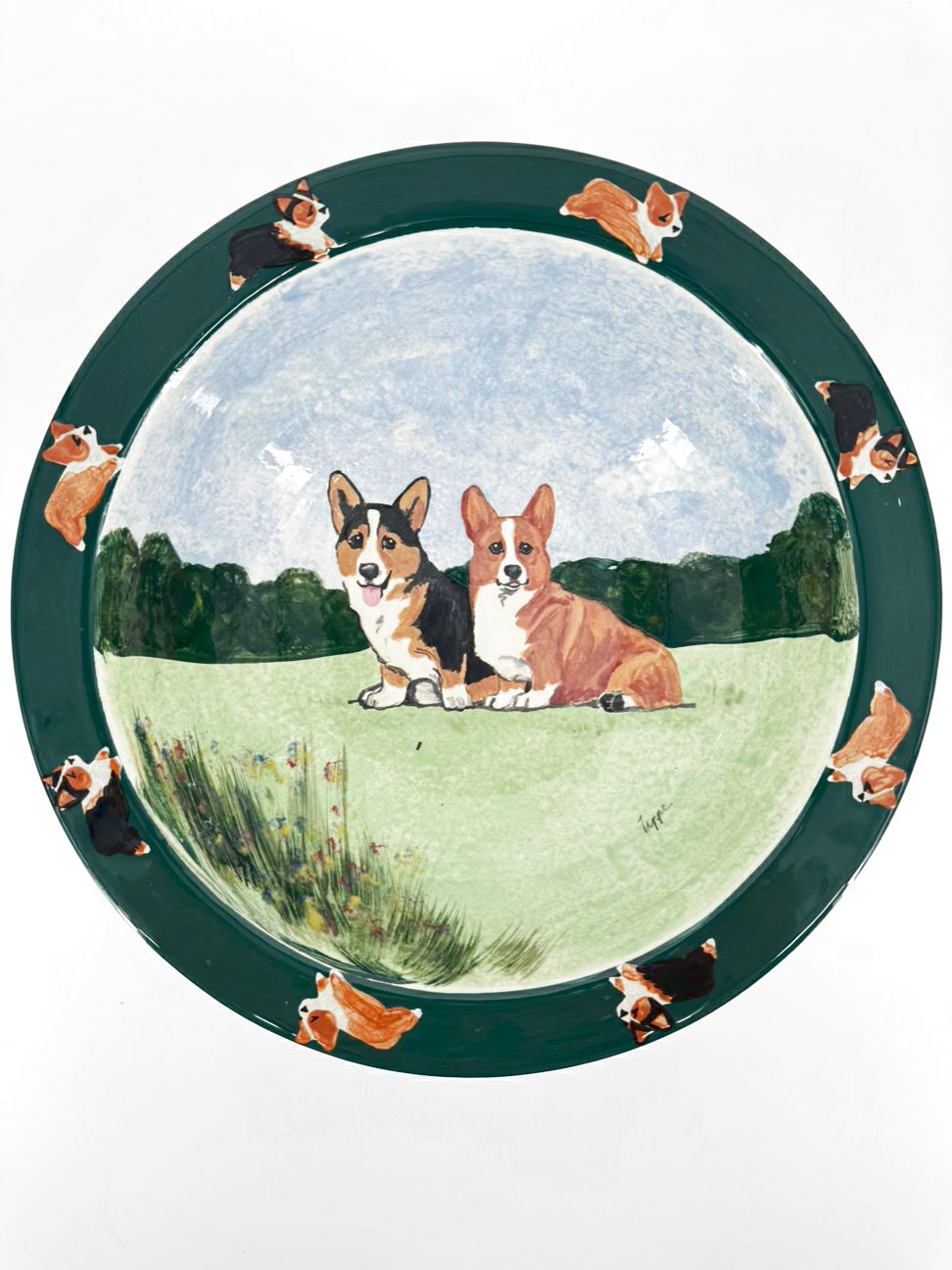 ZEPPA STUDIOS Green & Blue Welsh Corgis Pottery Bowl