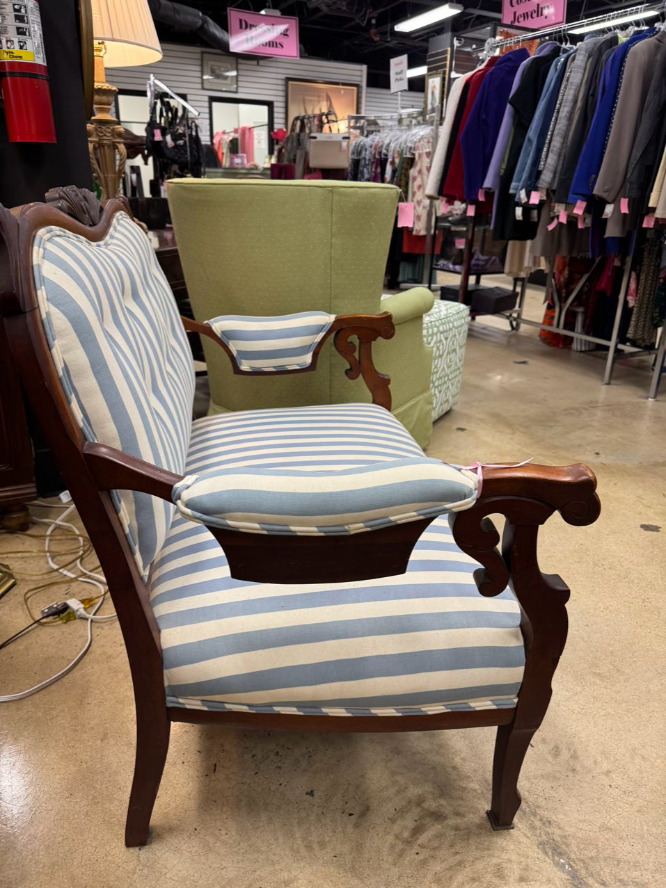 ANTIQUE Wood & Blue & White Stripe Upholstery Victorian Love Seat