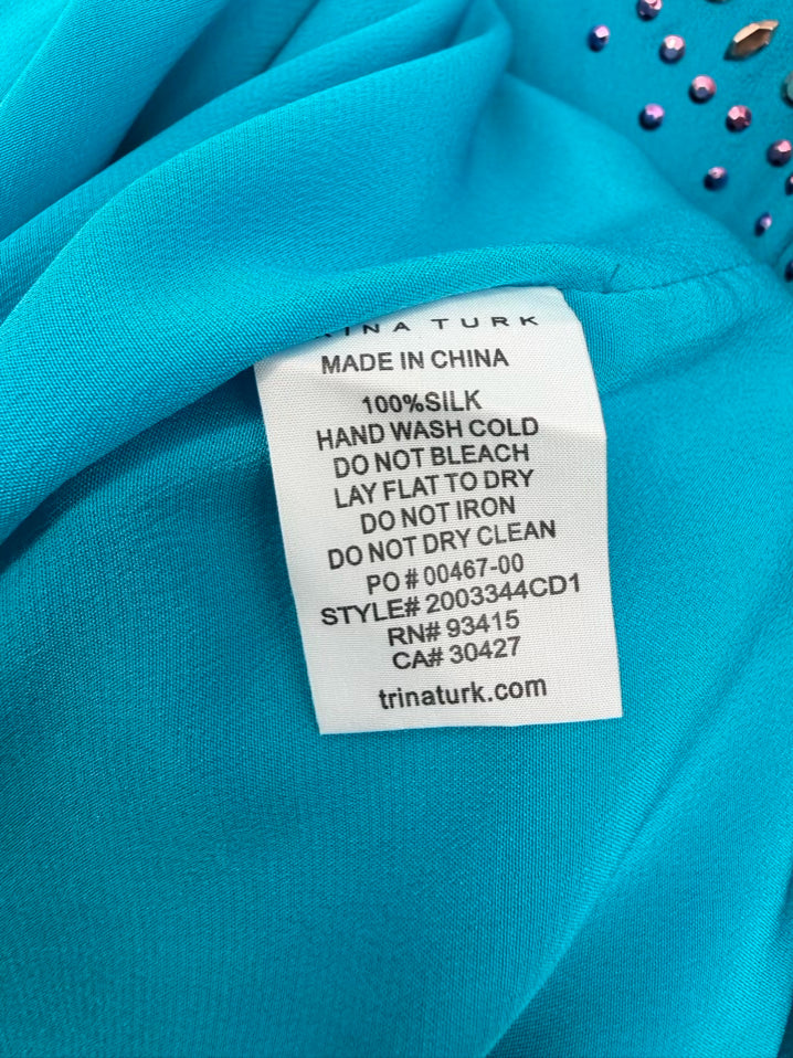 TRINA TURK Size L Turquoise Silk Stud Detail Kaftan