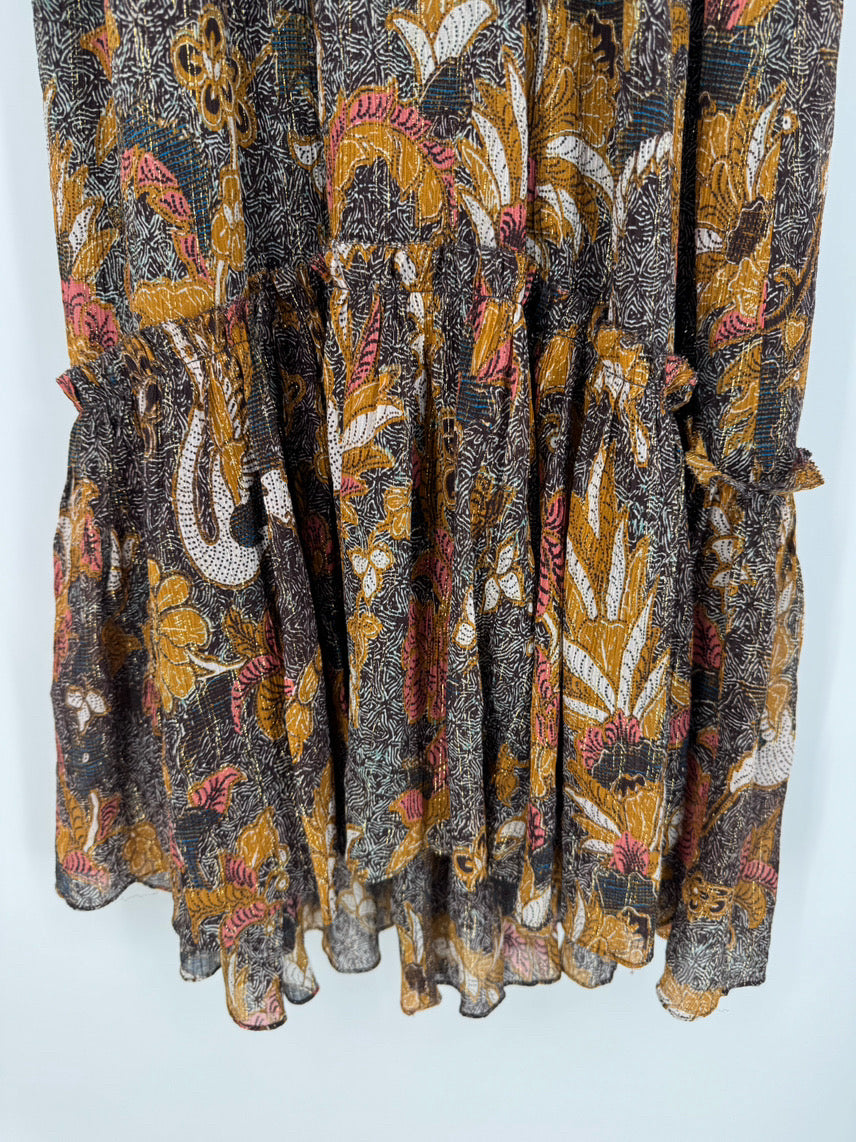 ULLA JOHNSON Size 4 Brown & Gold Floral Dress