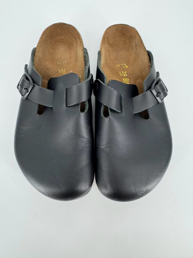 BIRKENSTOCK Size 39 Black Leather Boston Clogs