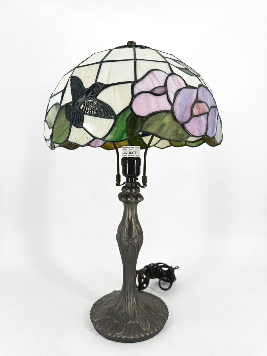 Purple & Green Glass & Metal Hummingbird Tiffany Style Lamp