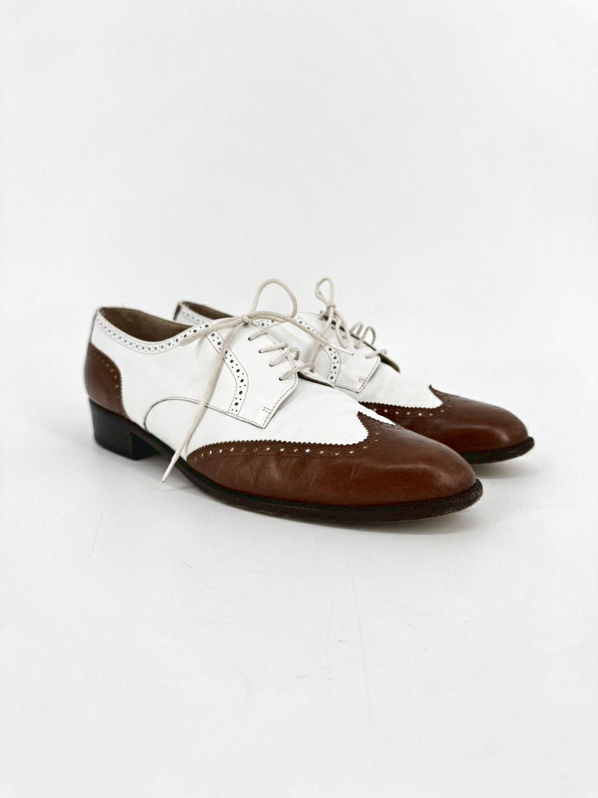 SALVATORE FERRAGAMO Size 9.5 White & Brown Leather Oxford