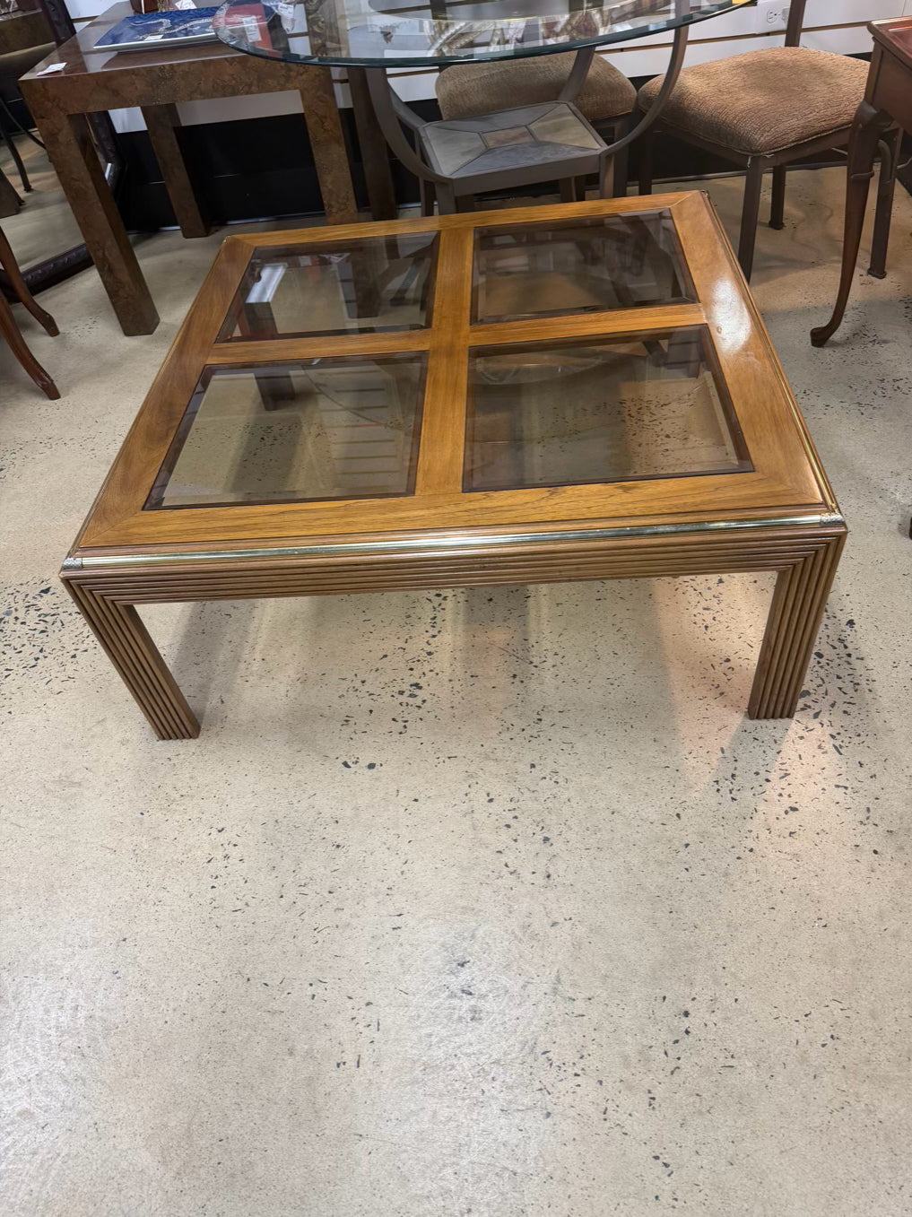 HOLLYWOOD REGENCY Medium Brown Wood & Glass Coffee Table w/ Brass Accents