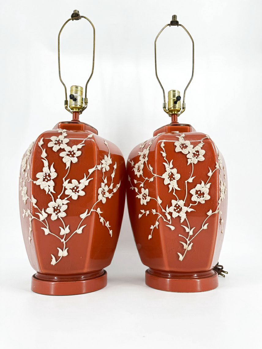 Burnt Orange Glass Raised Flower Design Pair of Ginger Jar Lamps