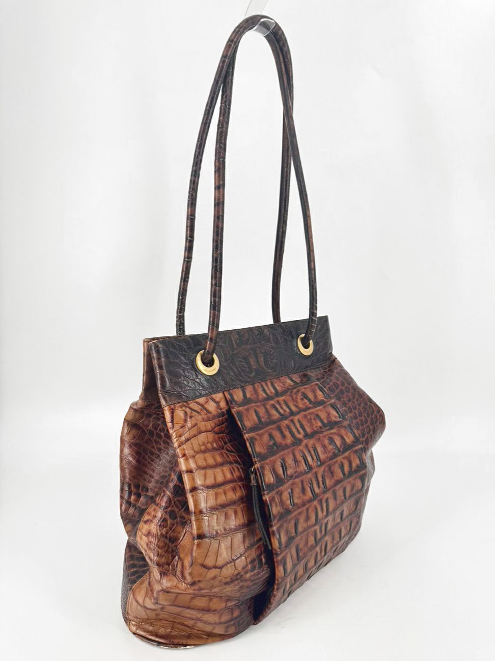 BRAHMIN Cognac Crocodile Leather Claire Bucket Bag