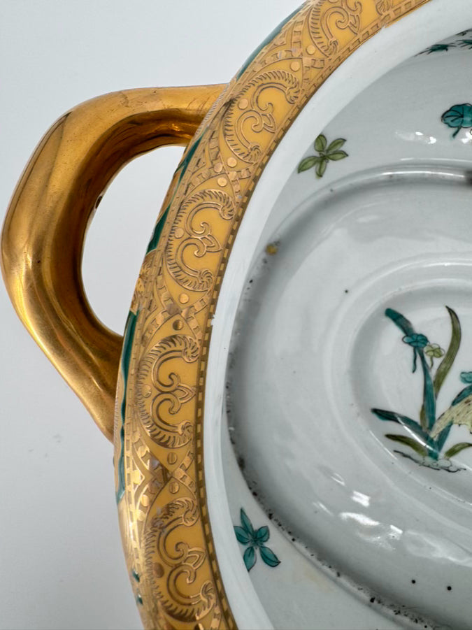 Green & Gold Fish & Flowers Porcelain Planter w/ Wood Stand