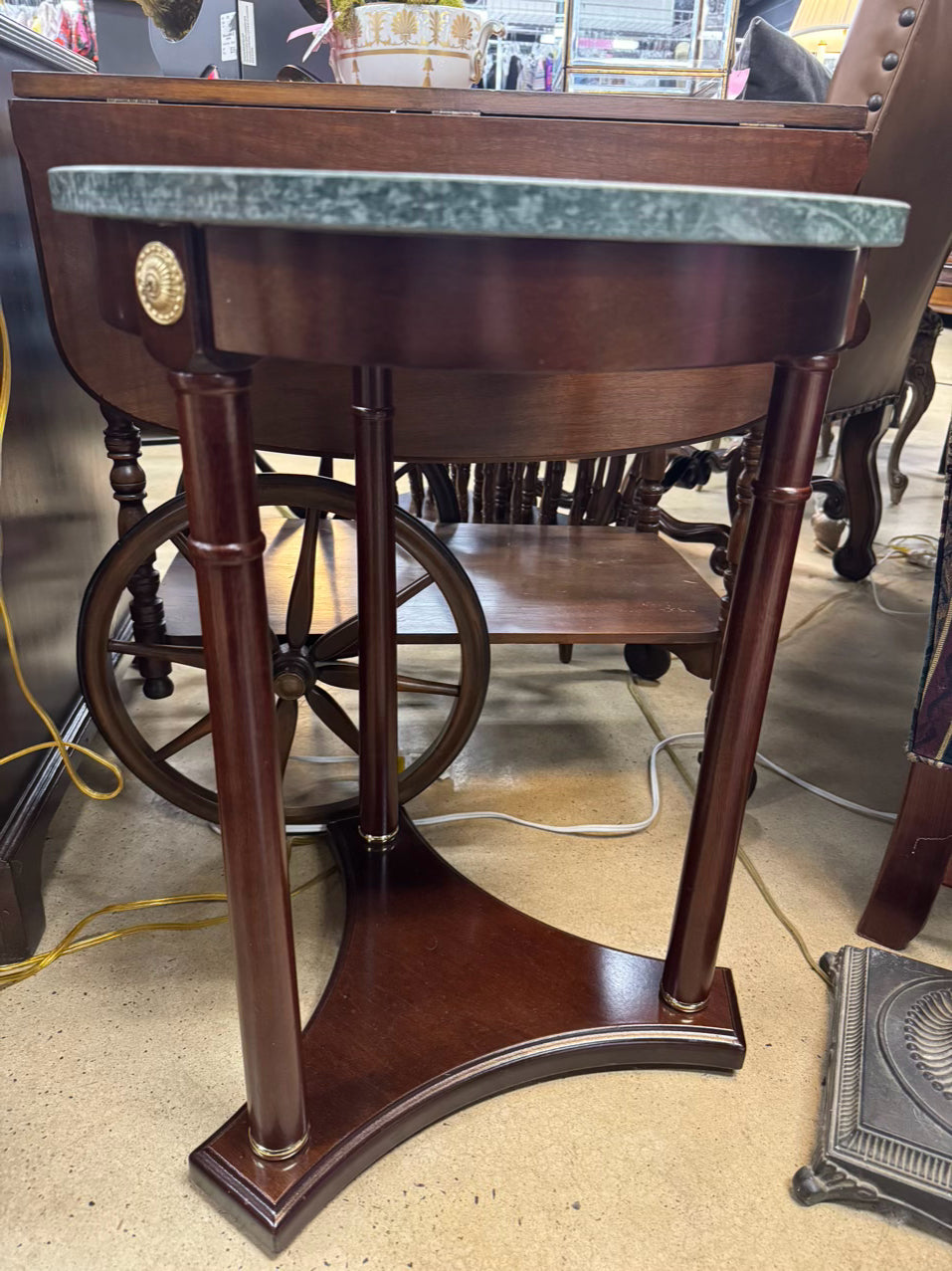 Green Marble & Wood Round Empire Side Table
