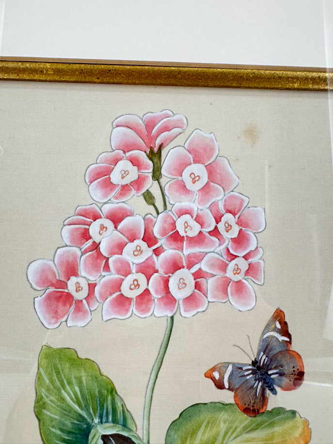 CHELSEA HOUSE Pink Flower w/ Butterfly Painting on Silk in Gold Frame