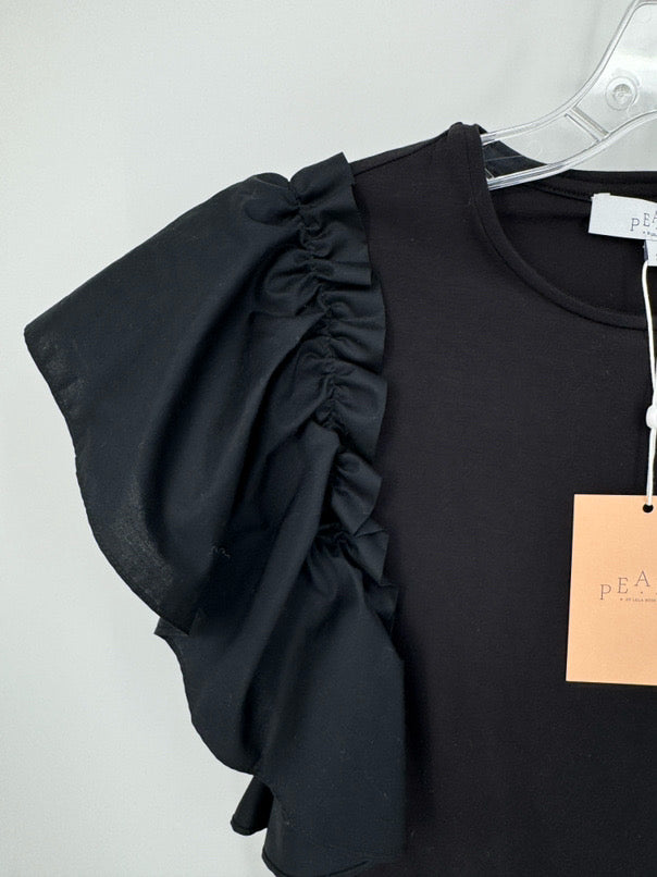 PEARL BY LELA ROSE Size S Black Jersey Poplin Flutter Sleeve Top NWT