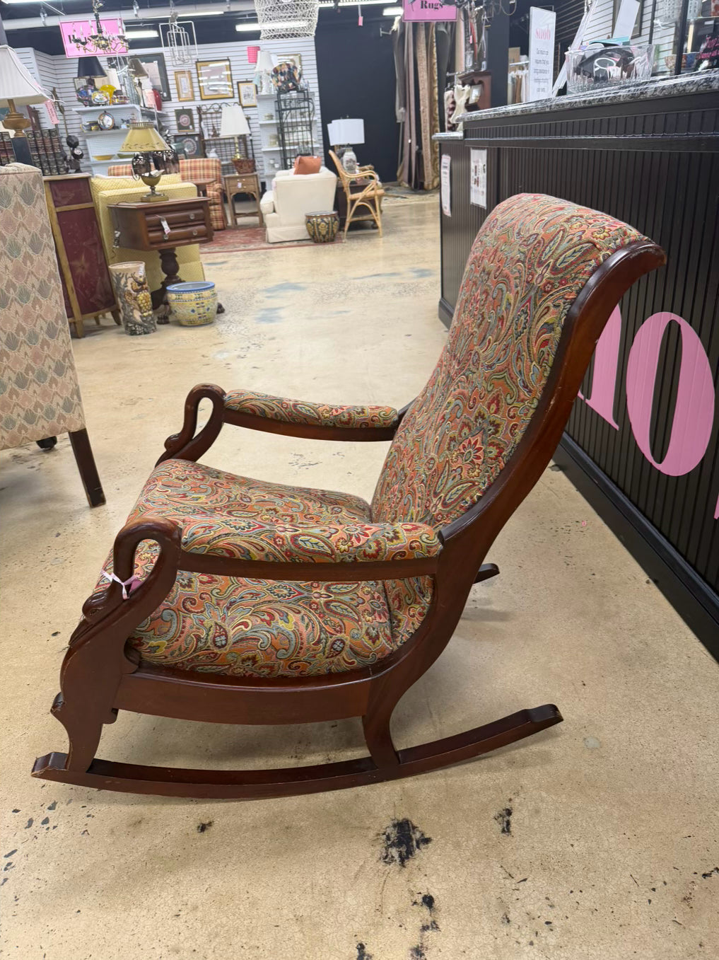 Orange, Blue & Red Paisley Fabric Gooseneck Rocking Chair