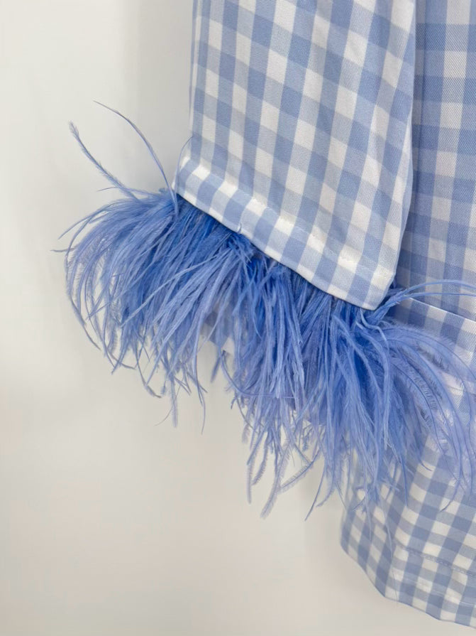 SLEEPER Size XS Periwinkle Feather Trim Checkered Pajama Set NWT