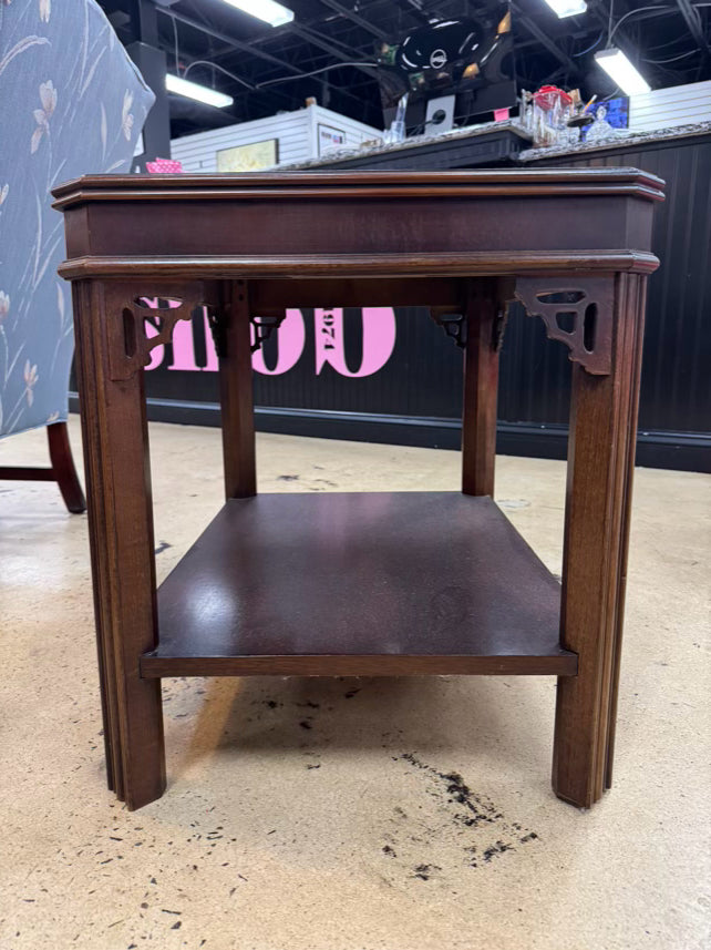 Wood Inlay Chippendale End Table w/ Bottom Shelf