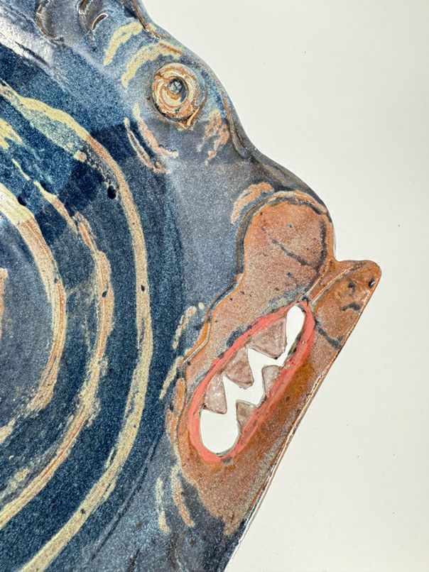 Blue & Tan Large Fish Pottery Bowl