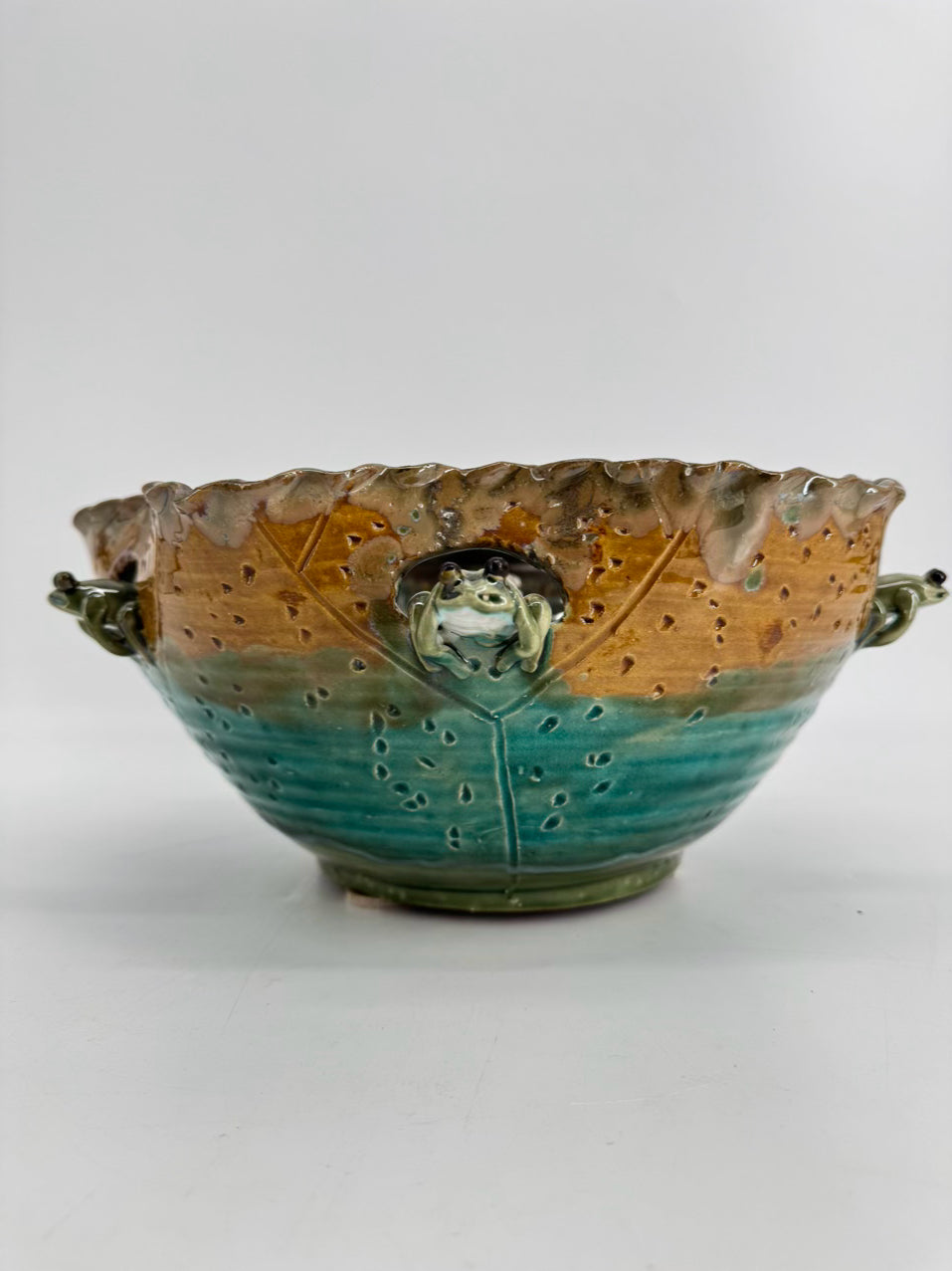Green & Tan Pottery Frogs Large Bowl