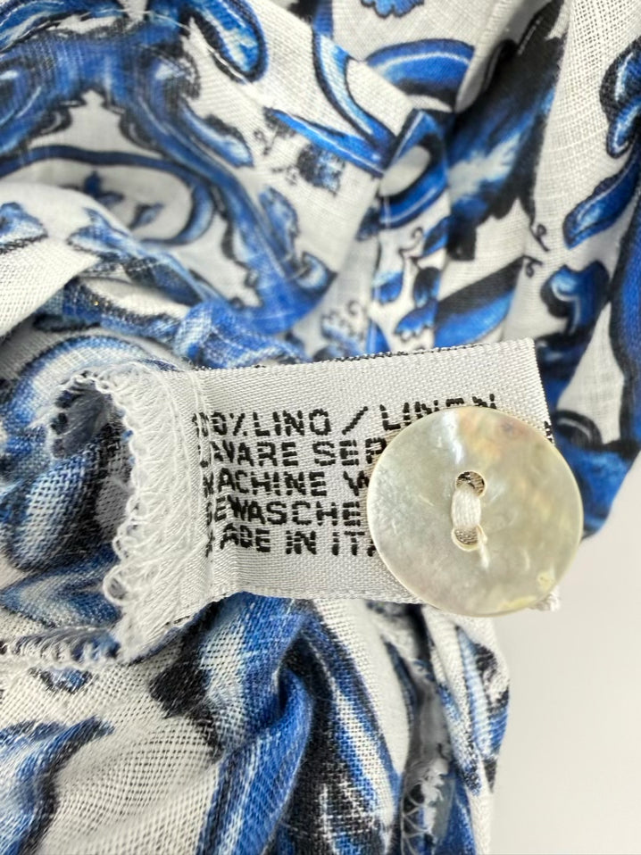 LUISA POSITANO Size M Blue & White Linen Dress w/ Belt