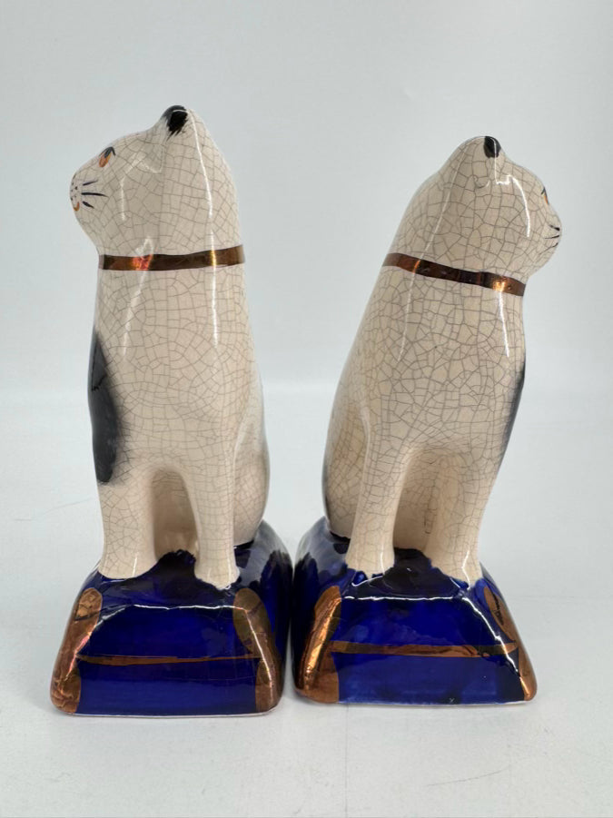 Black, White & Blue Ceramic Staffordshire Pair of Cat Figurines