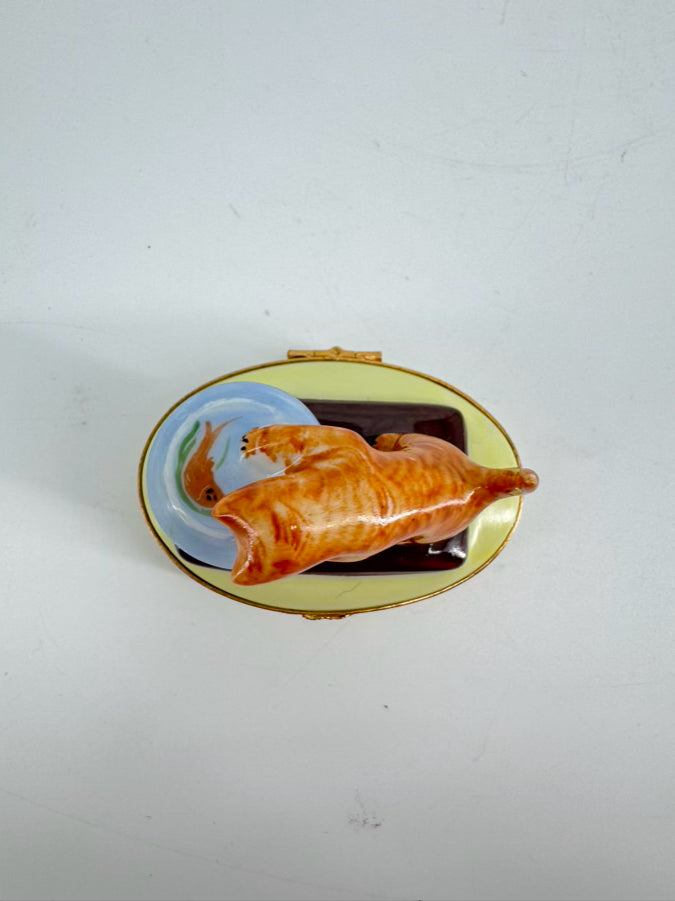 LIMOGES Orange & Blue Cat & Fishbowl Ceramic Trinket Box