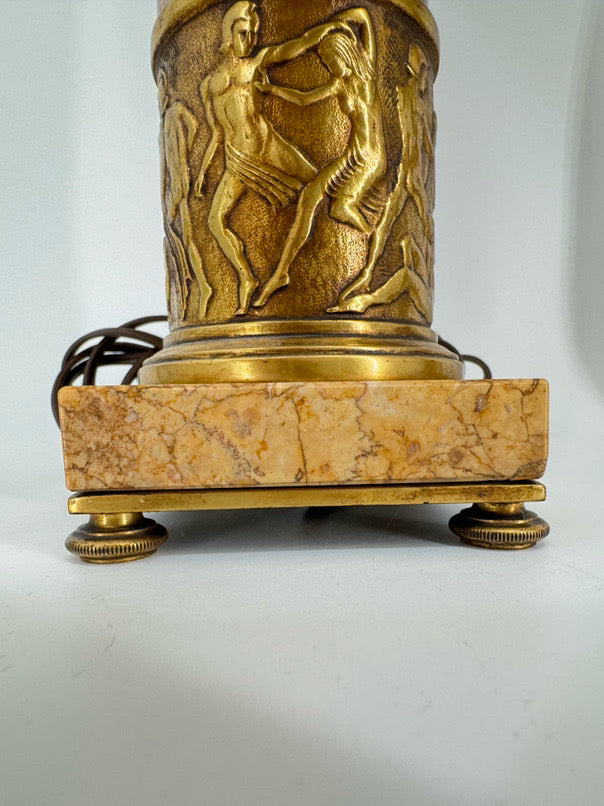 Cream & Pink Marble & Brass Trim Neoclassical Gladiators Pair of Lamps