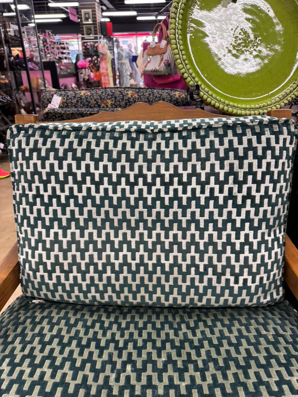Wood Green Geometric Upholstered Pair of Chairs w/ Ottoman