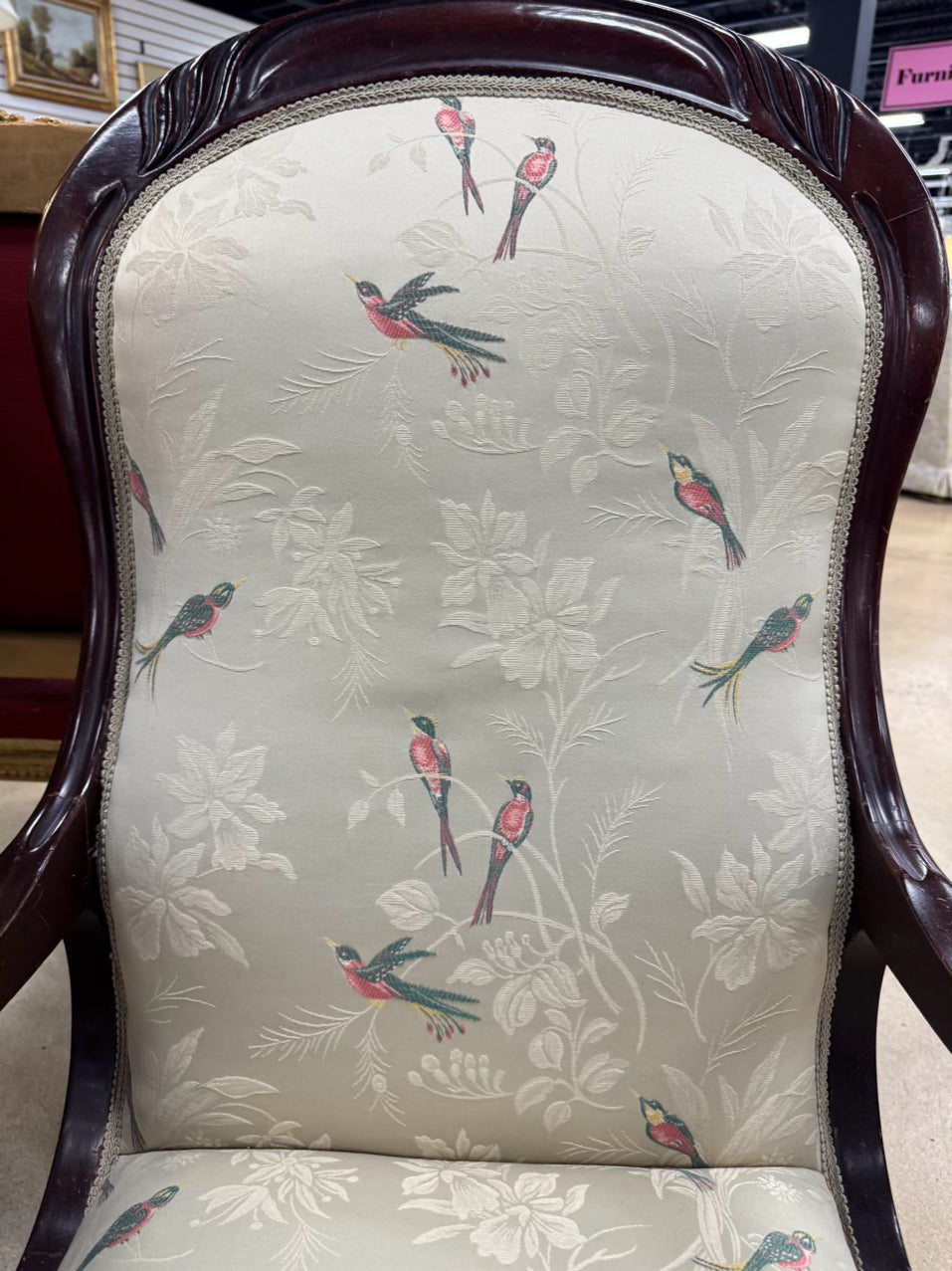 VINTAGE Wood Cream, Pink & Green Birds Upholstered Rocking Chair
