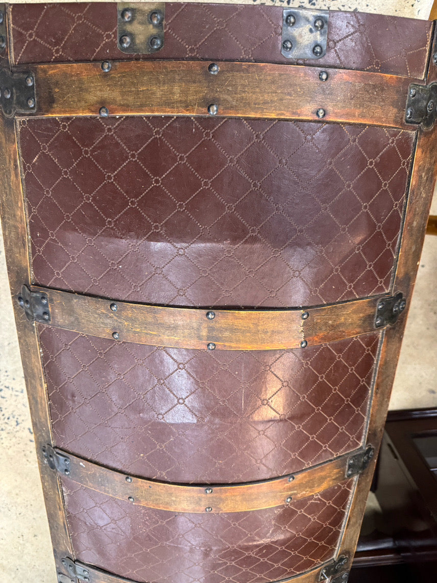 ANTIQUE Wood & Red Leather Rounded Top Trunk