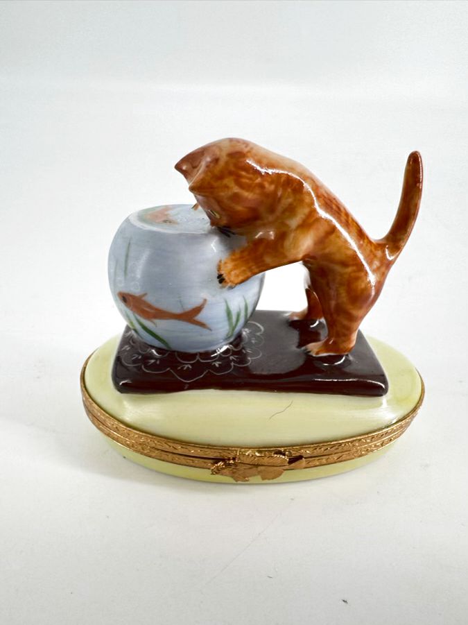 LIMOGES Orange & Blue Cat & Fishbowl Ceramic Trinket Box