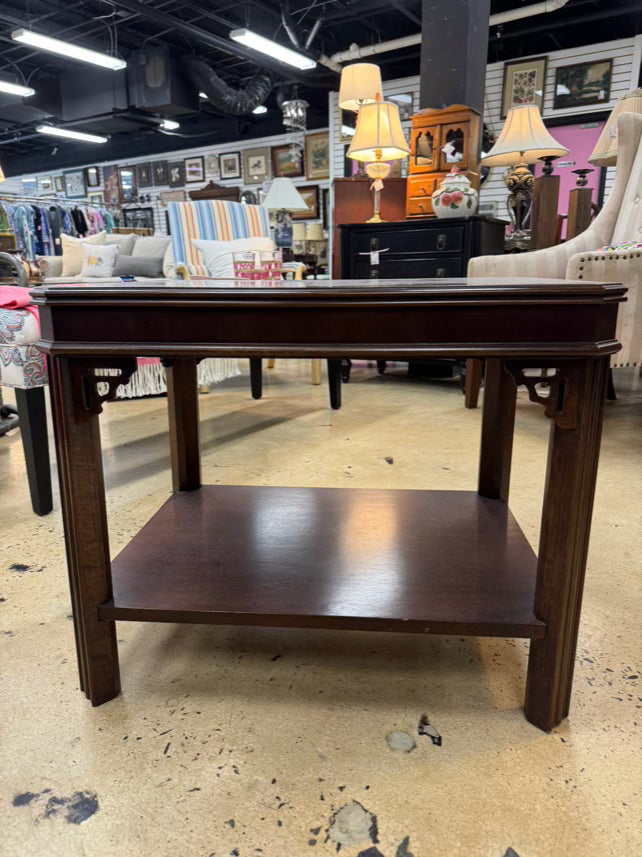 Wood Inlay Chippendale End Table w/ Bottom Shelf