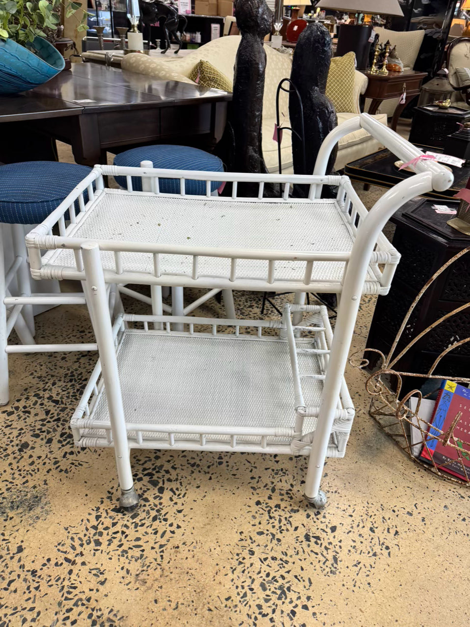 VINTAGE White Painted Bamboo Bar Cart