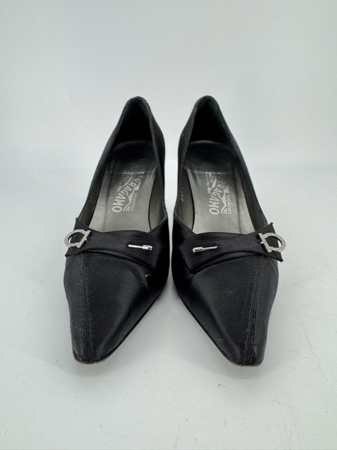 SALVATORE FERRAGAMO Size 8 Black Satin Pumps w/ Pin Detail