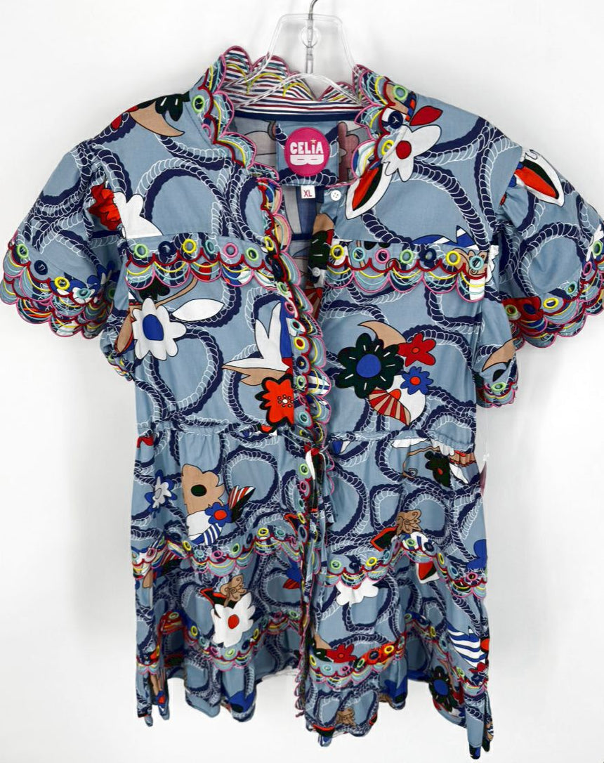 CELIA B Size XL Blue & Multi-Color Scallop Design Dress