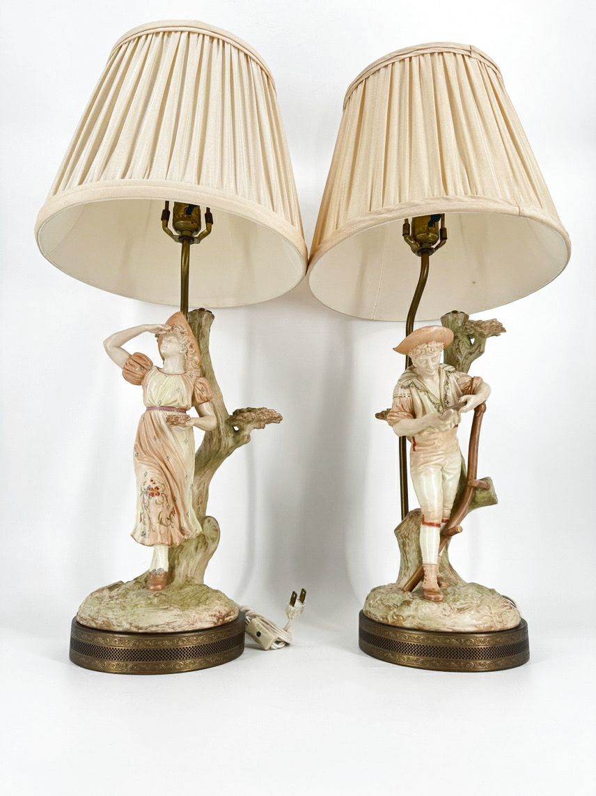 JAMES HADLEY Hand Painted Porcelain English Man & Woman Pair of Lamps