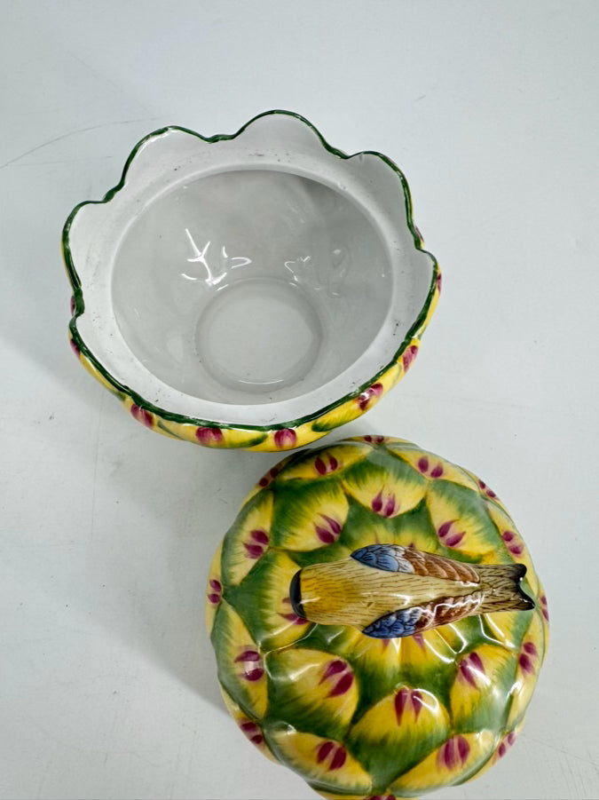 CHELSEA HOUSE Green & Yellow Porcelain Artichoke w/ Bird Box