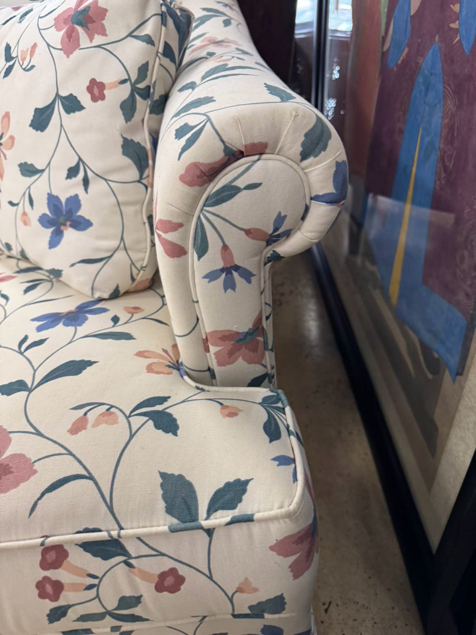 VINTAGE Blue & Pink Floral Chippendale Sofa