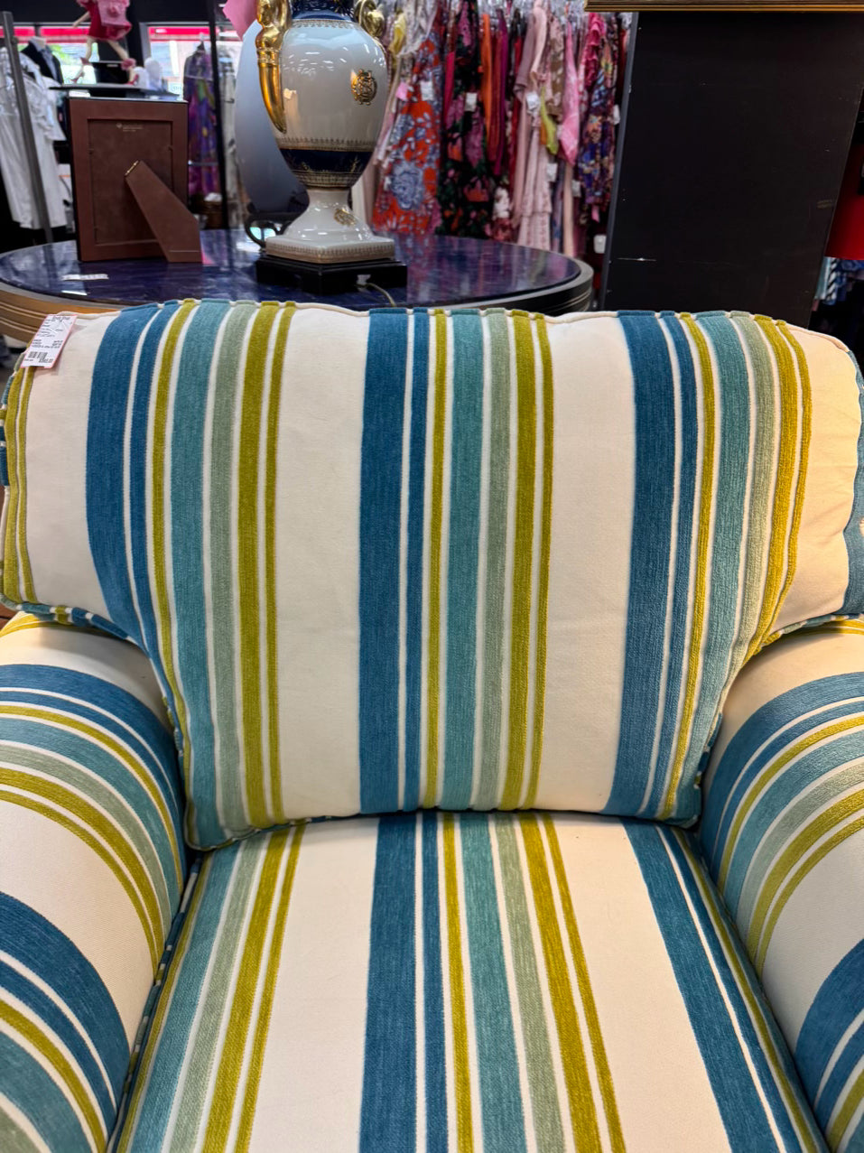 SHERRILL Ivory, Blue & Green Stripe Club Chair