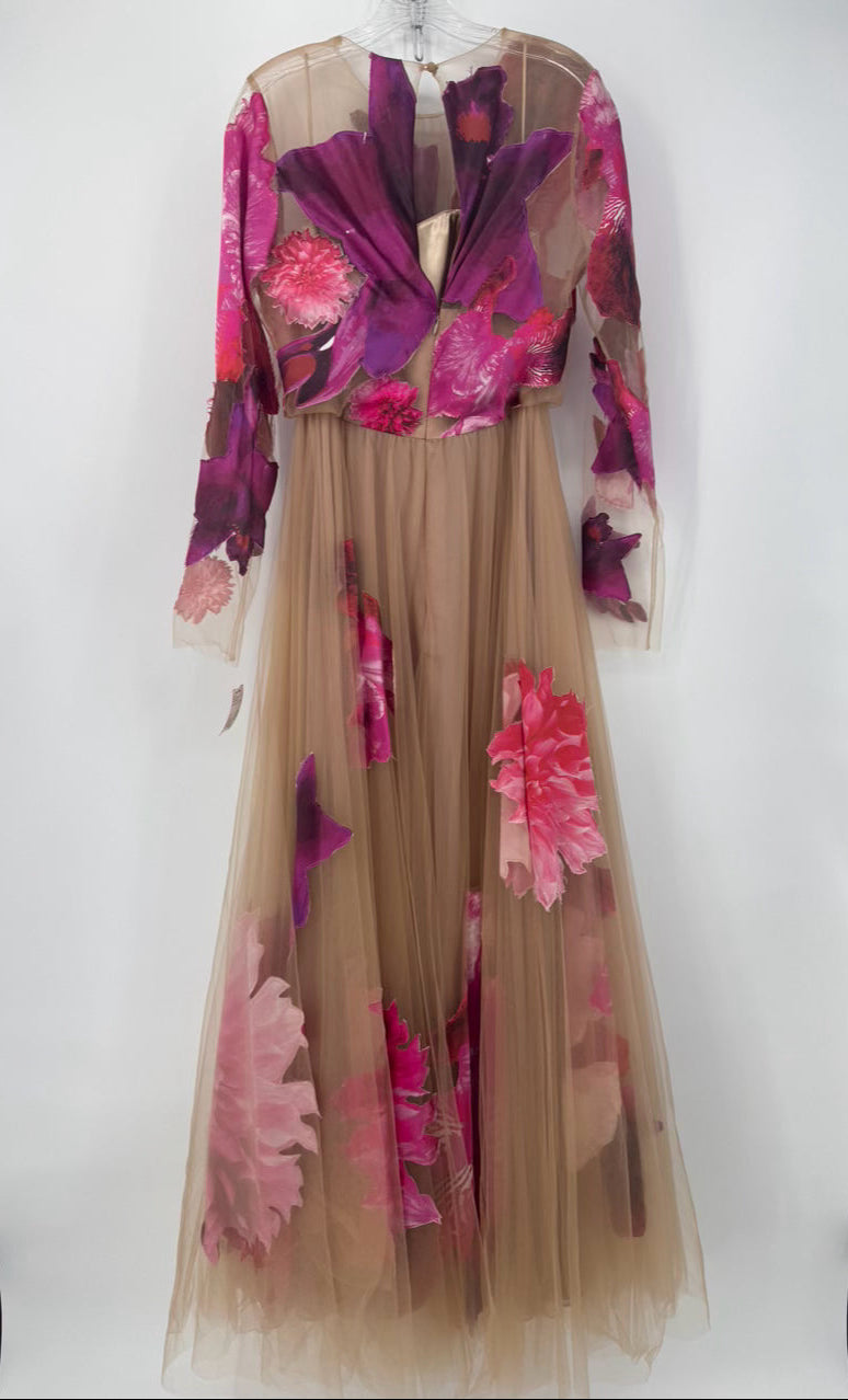LUCIAN MATIS Size 12 Fuschia & Nude Tulle Floral Gown