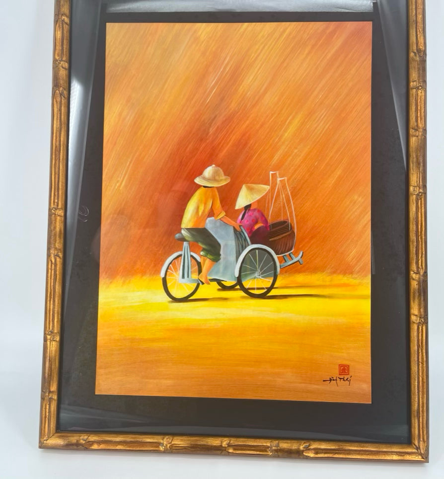 Bicycle on Orange Background in Gold Bamboo Frame Painting