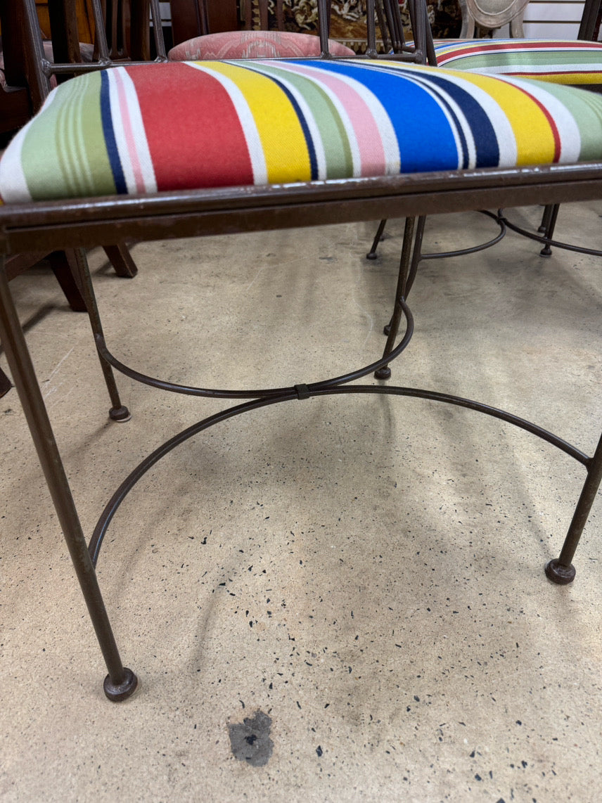 Wrought Iron & Glass Table w/ 6 Multicolor Stripe Upholstered Chairs