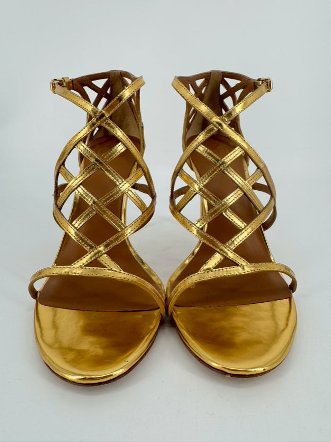 TORY BURCH Size 10 Gold Amalie Metallic Cage Heels