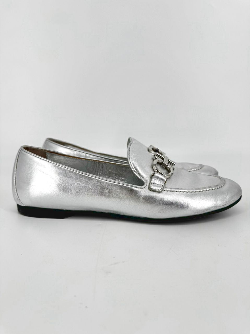 SALVATORE FERRAGAMO Size 8 Silver Leather Loafers