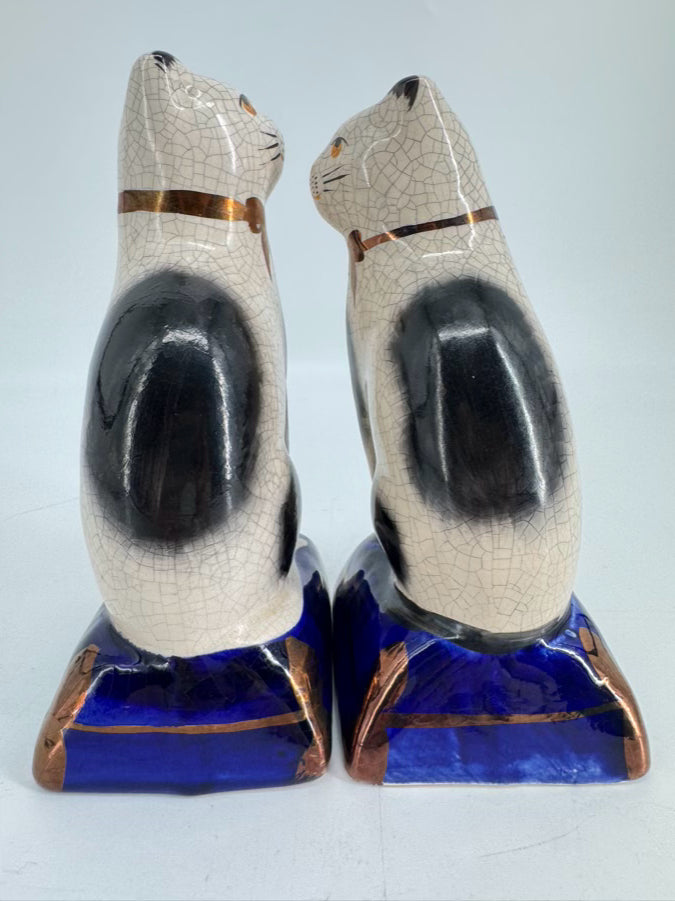 Black, White & Blue Ceramic Staffordshire Pair of Cat Figurines