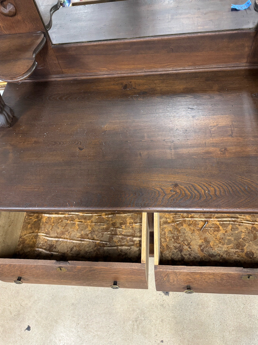 ANTIQUE Oak Mirror-Back 2-Tier Buffet