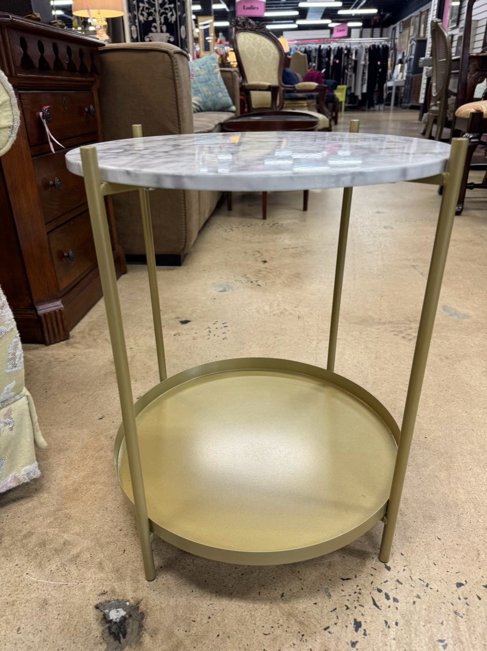 Gold & White Metal & Faux Marble Top Round Occasional Table