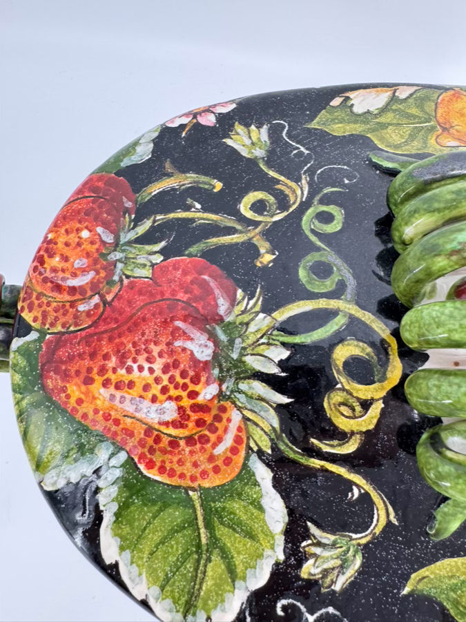 PORTUGAL Black, Green & Yellow Fruit Ceramic Footed Tureen w/ Lid