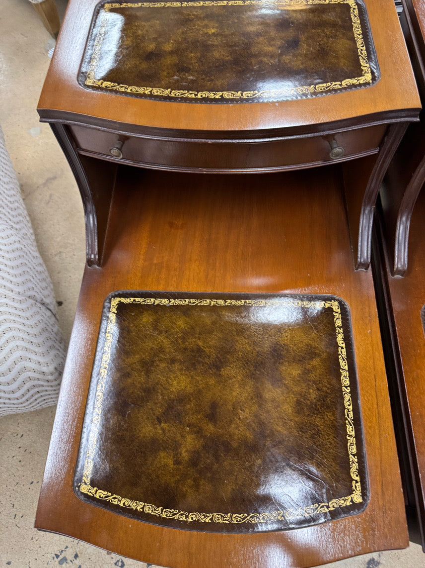 Wood Leather-Top 2-Tier Pair of End Tables